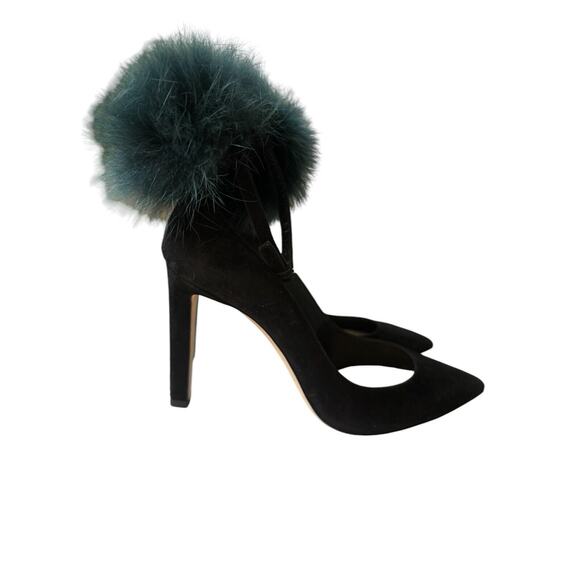 NEW Jimmy Choo Black Rosa 100 Fox Fur Pom-pom Suede D'orsay Ankle-strap Pumps 38 - Picture 7 of 8